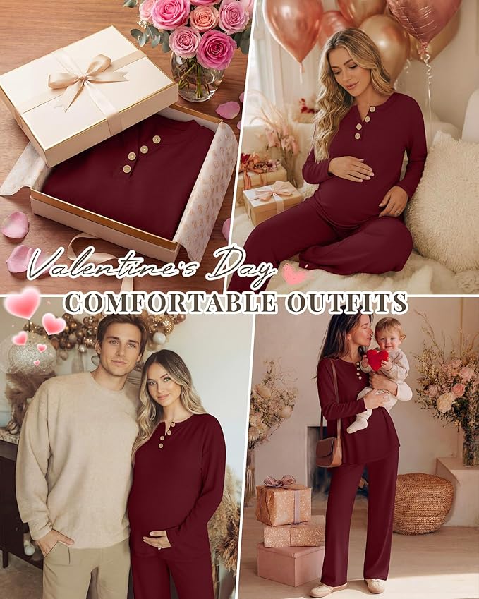 2 Piece Thermal Maternity Lounge Set Postpartum Pregnancy Fleece Loungewear Long Sleeve Top and Wide Leg Pant