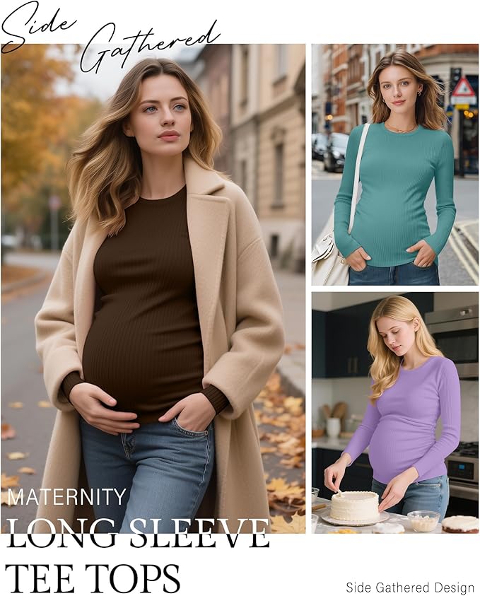 Ficerd 4 Pack Women's Maternity Shirts Cotton Long Sleeve Ribbed Crew Neck Pregnancy Tops Side Ruched Casual Mama Clothes
