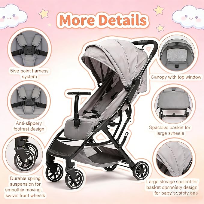 Baby Stroller, 2 in 1 Lightweight UmbrellaTravel Stroller with Automatic Fold, Compact with Basket for Airplane Walking(Gray)