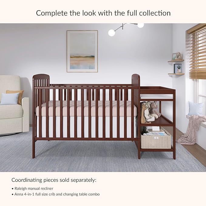Dream On Me Anna 3-in-1 Full-Size Crib and Changing Table Combo in Espresso, Greenguard Gold Certified, Non-Toxic Finishes, Includes 1" Changing Pad, Wooden Nursery Furniture