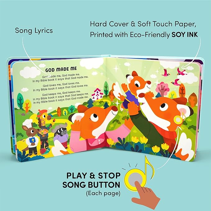 God Made Me Christian Sound Books for Kids - 6 Bible Songs - Baptism, Christening, Dedication Gifts for Boys and Girls - Religious Toys, Music Books for Toddlers 1-3