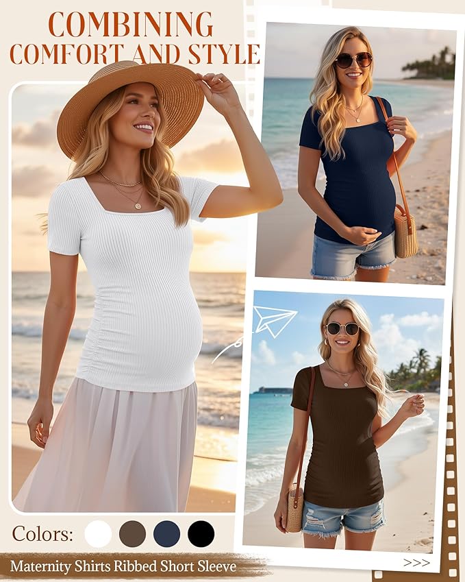 Huukeay 4 Pack Women's Maternity Shirts Cotton Ribbed Short Sleeve Square Neck Pregnancy Tops Side Ruched Summer Tee