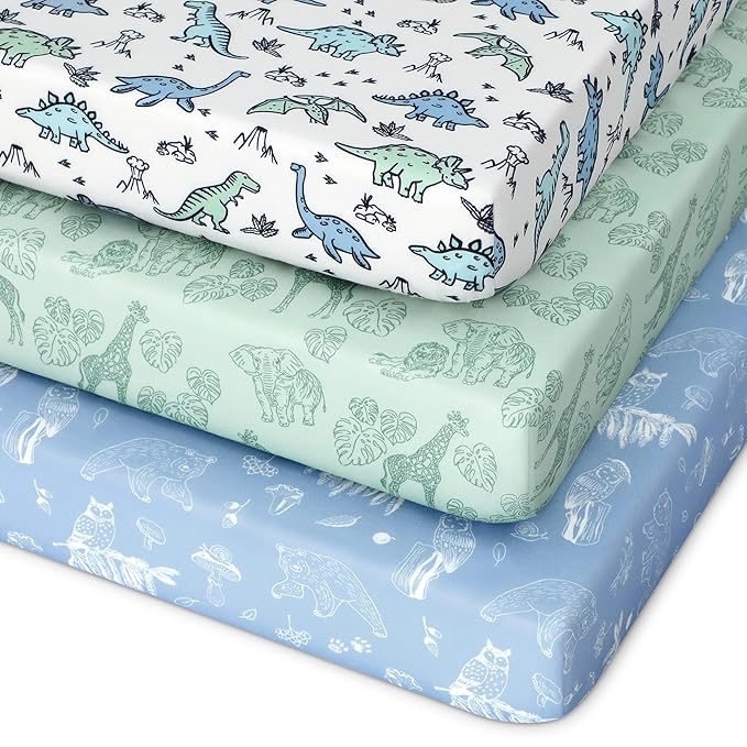 Pack and Play Sheets Fitted 3 Pack, Mini Crib Sheets for Pack N Play Mattress Stretchy Portable Playard Sheets, Soft Breathable Green & Blue Dinosaur