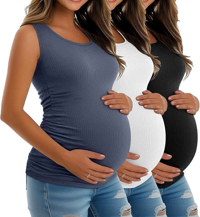 Riyiper 3 Pack Women's Maternity Tank Tops, Sleeveless Cotton Pregnancy Shirts Ribbed Knit Sides Ruched Basic Mama Clothes