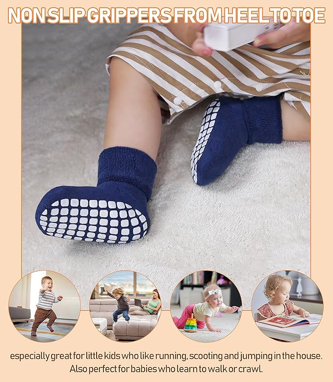 LANLEO Baby Girls Boys Non Slip Socks with Grips Toddler Kids Unisex Warm Thick Cotton Ankle Crew Socks with Grippers