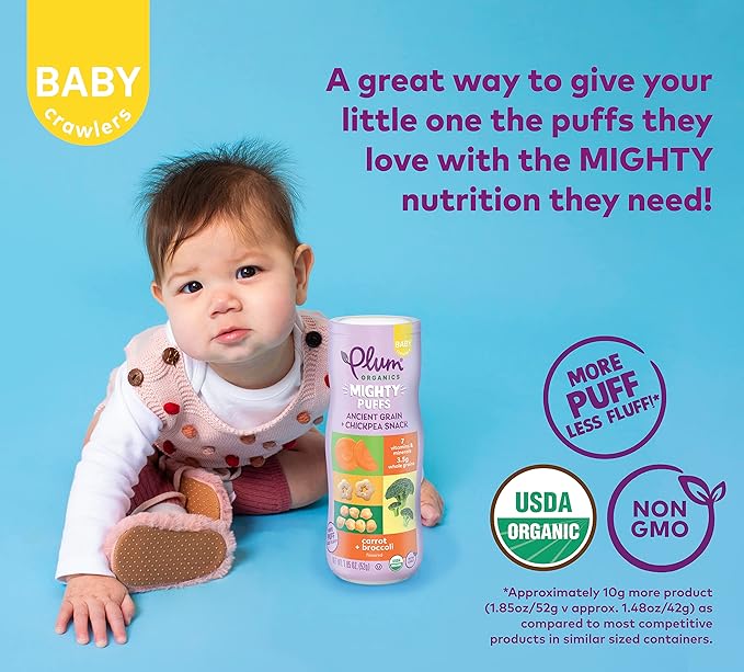 Plum Organics Mighty Puffs Ancient Grain + Chickpea Snack, Beet + Strawberry Flavor, Baby Crawlers, Kosher, USDA Certified Organic, Non-GMO, 1.85 Ounce (Pack of 6)