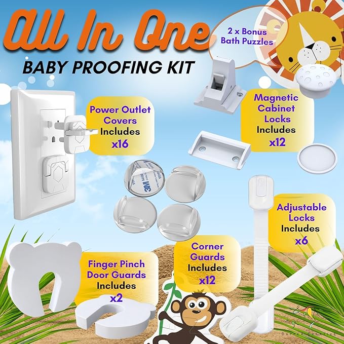Child Safety Kit - 67 Pack Baby Proofing Essentials | Magnetic Cabinet Locks, Power Point Outlet Covers, Clear Corner Protectors, Strap Locks, Finger Pinch Guards | Bonus Bath Toys