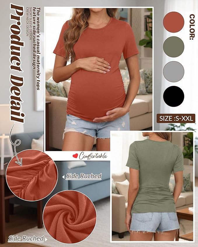 Huukeay 4 Pack Women's Maternity Shirts, Crew Neck Maternity Top Short Sleeve Casual Cotton Tee Side Ruched Pregnancy Clothes