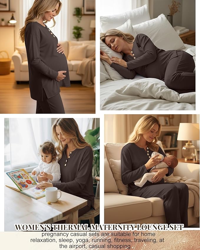 2 Piece Thermal Maternity Lounge Set Postpartum Pregnancy Fleece Loungewear Long Sleeve Top and Wide Leg Pant