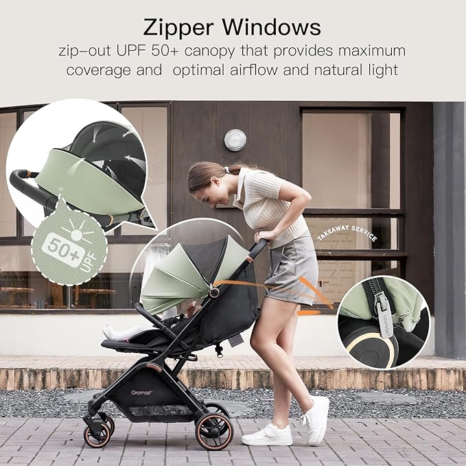 Gravity Folding Baby Stroller - Portable Travel Toddler Stroller w/Adjustable Backrest, Canopy & Cup Holder, Lightweight and UV Protected, One-Hand Automatic Folding - Green