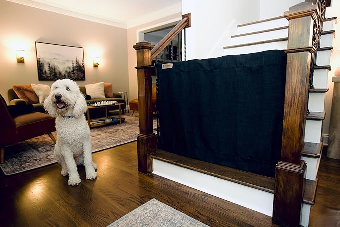 The Stair Barrier First Fabric Banister to Banister Baby Gates for Stairs 42”–52” Wide x 32” Tall– No Drill Baby Gate for Top or Bottom Staircase, Machine-Washable Climb Proof, Designed in USA, Black