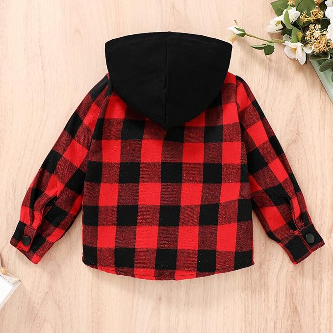 YOUNGER STAR Toddler Kids Boys Girls Flannel Hooded Plaid Shirt Button Baby Red Clothes