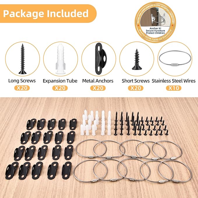 Furniture Anchors 10-Pack, Anti Tip Furniture Anchors for Baby Proofing, Extra-Strong Metal Wall Anchor Straps with Steel Cable to Secure Dresser, Bookcase, Wardrobe & Cabinet, Black