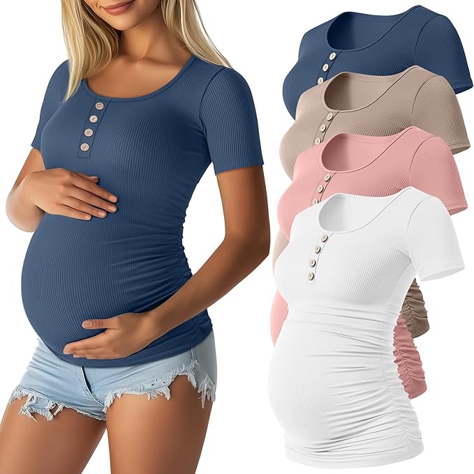 4 Pack Womens Maternity Shirts Scoop Neck Cotton Short Sleeve Ribbed Pregnancy Top Henley Side Ruched Mama Clothes