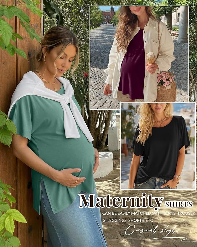 Riyiper 3 Pack Women's Maternity Tunic Shirts Cotton Summer Pregnancy Clothes Loose Oversized Split Side Blouse Tops