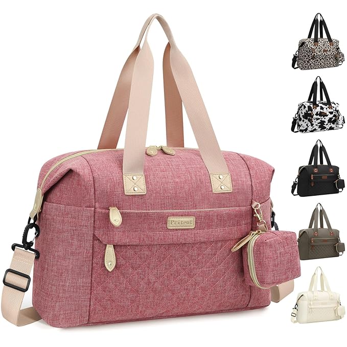 Diaper Tote, Baby Bags with Pacifier Case, Shoulder Straps, Stroller Clips, Waterproof Mommy Bag - Medium, Pink