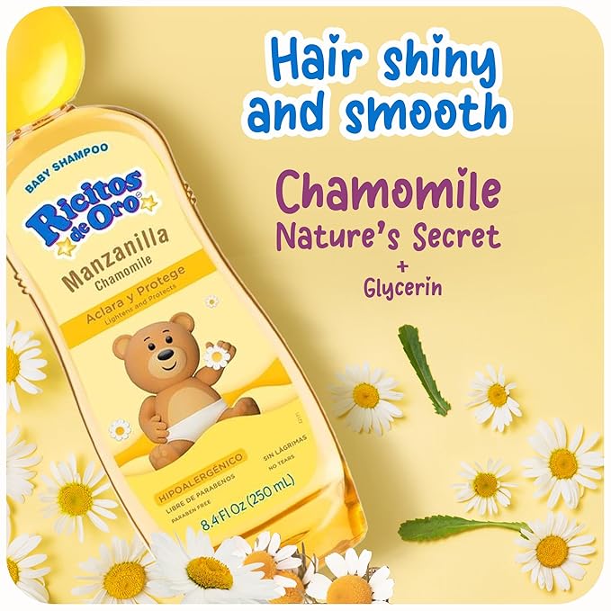 Ricitos de Oro Baby Shampoo with Chamomile – Gentle and Tear-Free Formula for Babies and Kids, Natural Lightening & Soft Conditioning Hair Care, Paraben-Free, Safe Daily Use, 8.4 fl oz, (Pack of 6)
