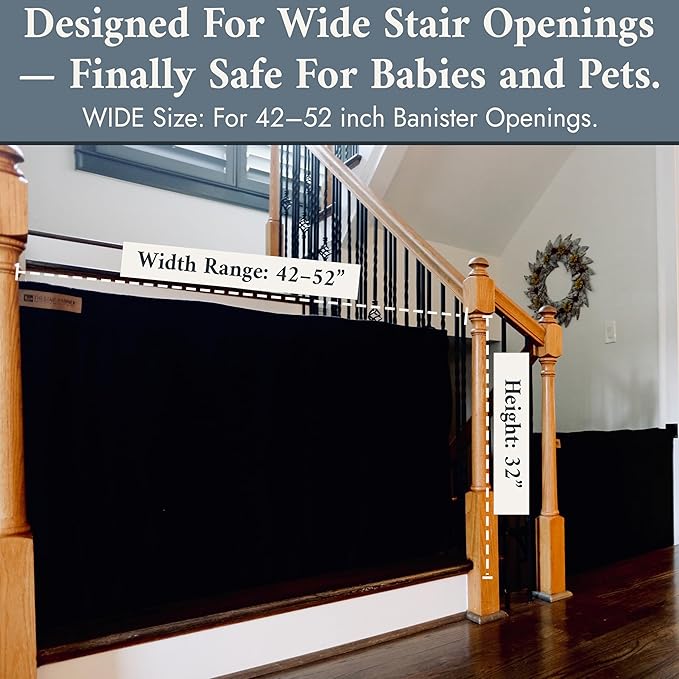 The Stair Barrier First Fabric Banister to Banister Baby Gates for Stairs 42”–52” Wide x 32” Tall– No Drill Baby Gate for Top or Bottom Staircase, Machine-Washable Climb Proof, Designed in USA, Black