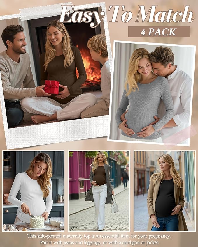 Huukeay 4 Pack Women's Maternity Shirts, Long Sleeve Cotton Ribbed Pregnancy Tops Side Ruched Crew Neck Casual Mama Clothes