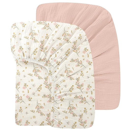 100% Organic Cotton Baby Crib Sheets Muslin 52x28 Inches 2 Pack Soft Fitted Crib Mattress Sheet for Baby Girls, Boho Toddler Bed Sheets Fits Well Standard Size Crib Mattress 28x52 Inches Floral & Pink