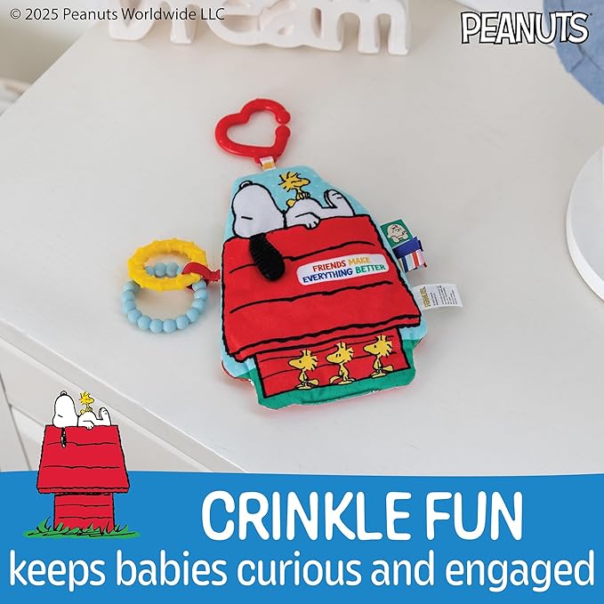 Kids Preferred Peanuts Snoopy Sensory Crinkle Teether Toys for Newborn Baby Boys and Girls with On-The-Go Clip for Stroller and Car Seat, 10 inches