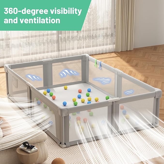 Baby Playpen, 73" x 61" Large Foldable Playpen with Mat for Babies and Toddlers, Play Pen with Soft Breathable Mesh, Ocean Balls and Pull Links, Baby Playard for Indoor & Outdoor, Gray