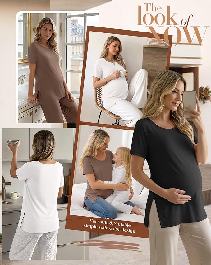 3 Pack Women's Maternity Shirts Short Sleeve Round Neck Side Split Pregnancy Tops Loose Summer Casual Mama Clothes