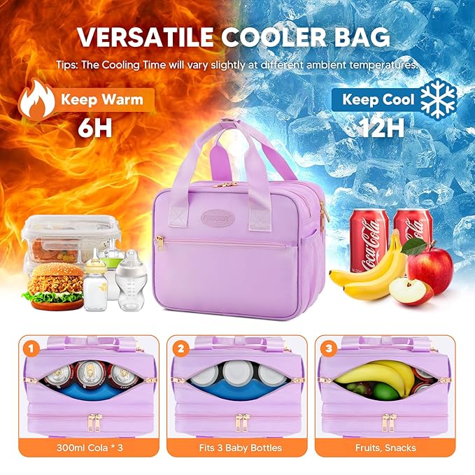 PIIOSER Breastmilk Cooler Bag with Ice Pack, Compatible with Wearable Breast Pumps & Accessories - Portable Breast Pumps Carrying Case for Nursing & Working Moms (Purple-Small)