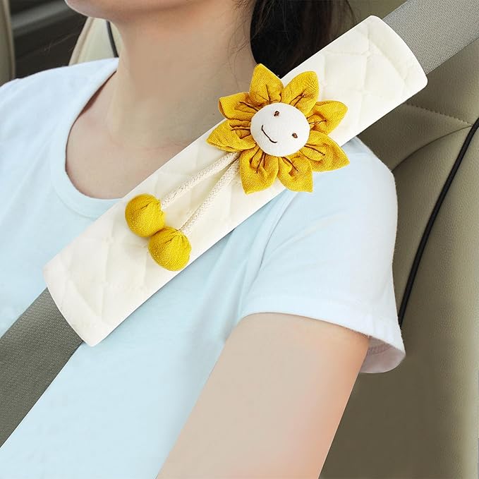 Amooca Soft Auto Seat Belt Cover Seatbelt Shoulder Pad Cushions 2 PCS for a More Comfortable Driving Universal Fit for All Cars and Backpack Off-White Orange Sunflower
