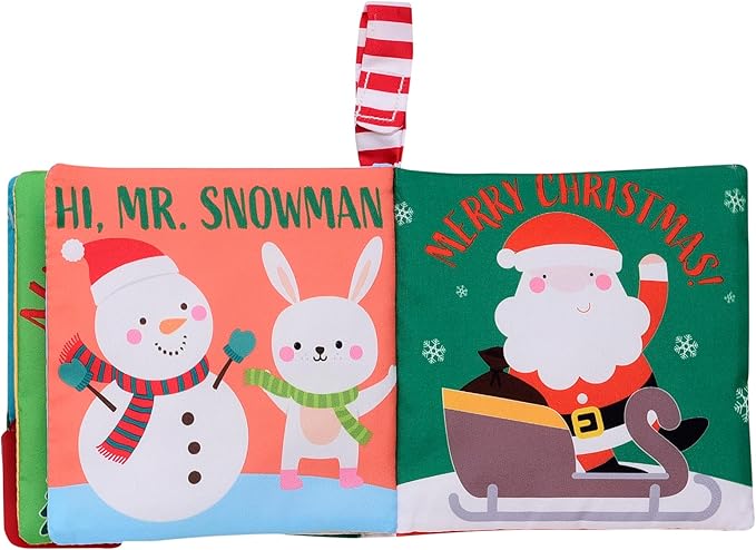 My First Christmas Soft, Crinkle Activity Book with Silicone Teether and Travel Strap, Santa, Green (5 1/2 inch Square)