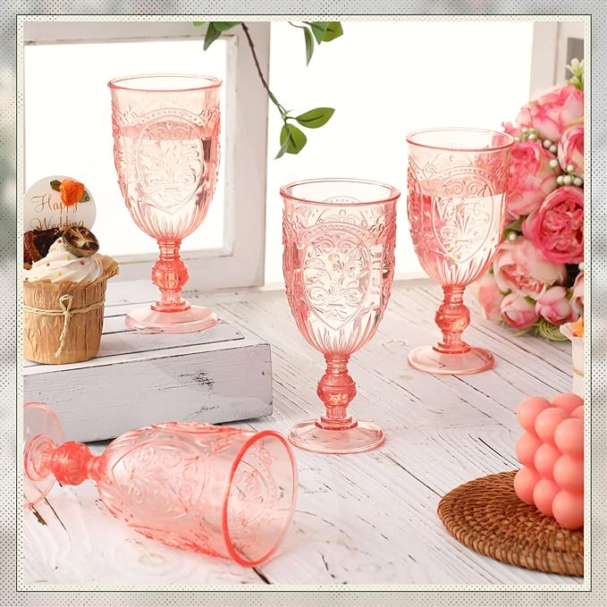 48 Pcs Plastic Goblets 7.5oz Vintage Goblet Plastic Wine Glasses Colored Retro Embossed Water Goblets for Wine Bar Juice Baby Shower Wedding Reception Grand Event Party (Pink)
