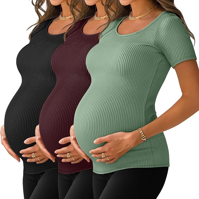 Neer 3 Pack Women's Ribbed Maternity Tops Pregnancy Round Neck Shirts Short Sleeve Soft Maternity Clothes for Mama
