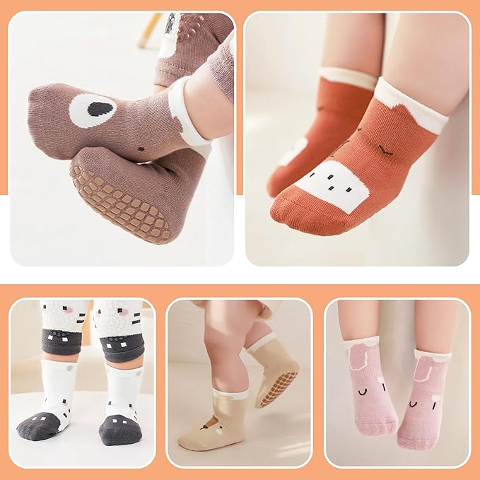 TRUEHAN 5 Pairs Toddler Non Slip Socks with Grips Baby Socks for Kids Girls Boys