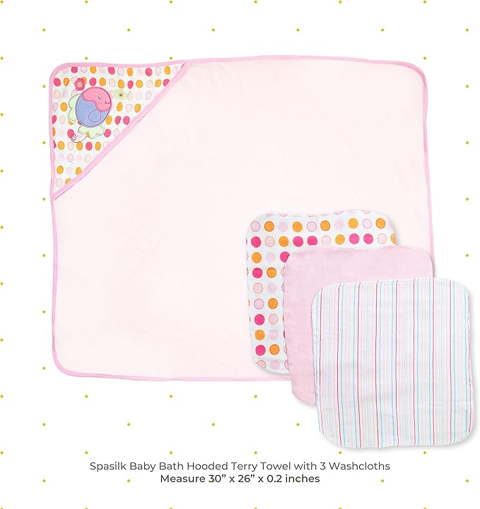 Spasilk Baby Bath Hooded Terry Towel with 3 Washcloths, Baby Bath Essentials, One Size, Pink Fish