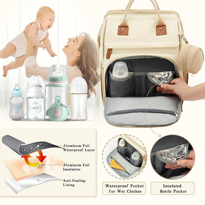 DERJUNSTAR Large Diaper Bag Backpack, Baby Dipaer bag with Insulated Bottle Holders, USB Charging Port, Travel Diaper Backpack for Mom & Dad