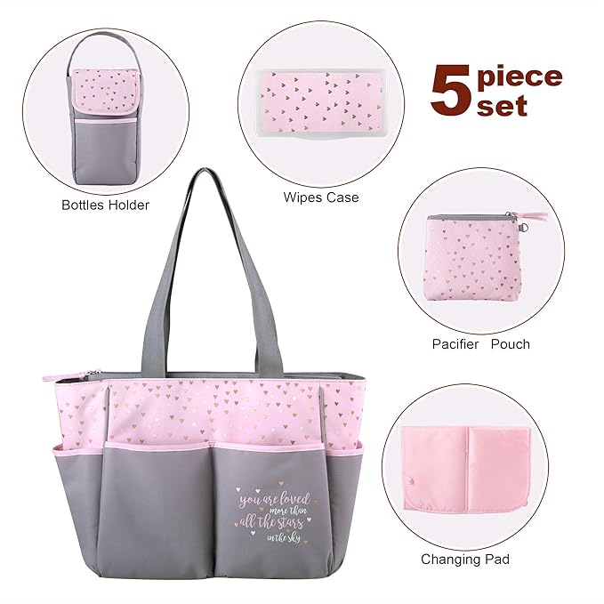 Baby Essentials Diaper Bag Tote 5 Piece Set with Sun, Moon, and Stars, Wipes Pocket, Dirty Diaper Pouch, Changing Pad (Grey/Pink)
