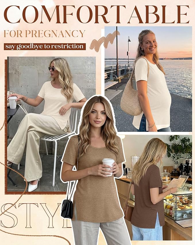 3 Pack Women's Maternity Shirts Short Sleeve Round Neck Side Split Pregnancy Tops Loose Summer Casual Mama Clothes
