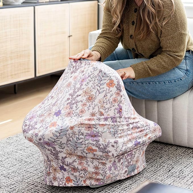 Baby Car Seat Cover Canopy and Nursing Cover Multi-Use Stretchy 5 in 1 Gift "Flora" by Copper Pearl