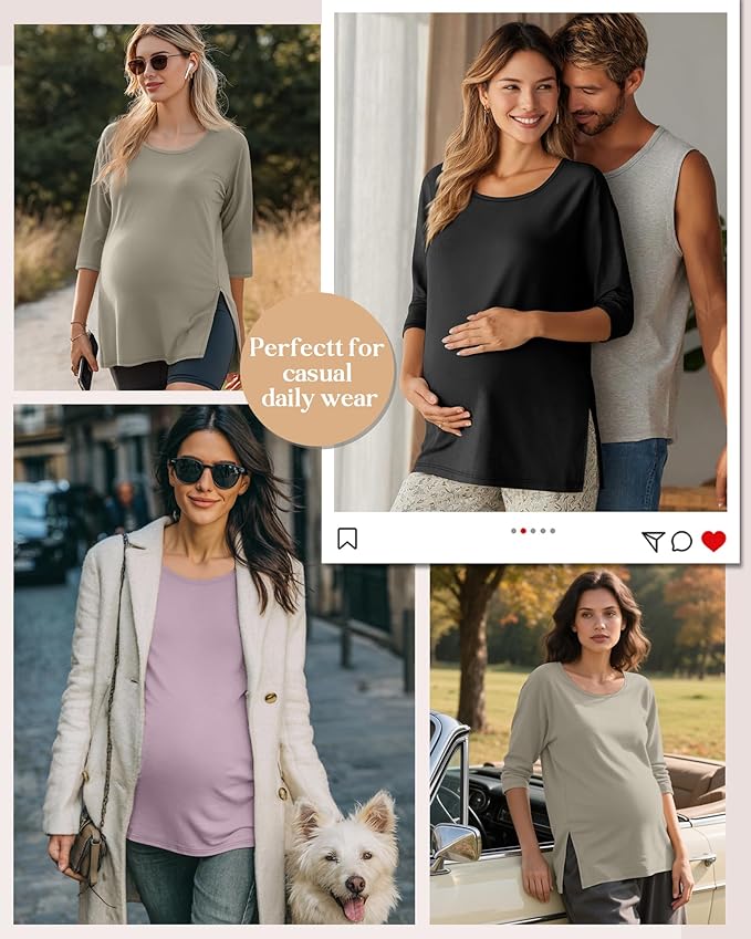 3 Pack Women's 3/4 Sleeve Maternity Shirts Elbow Length Clothes Round Neck Tunics Pregnancy Loose Side Split Tops