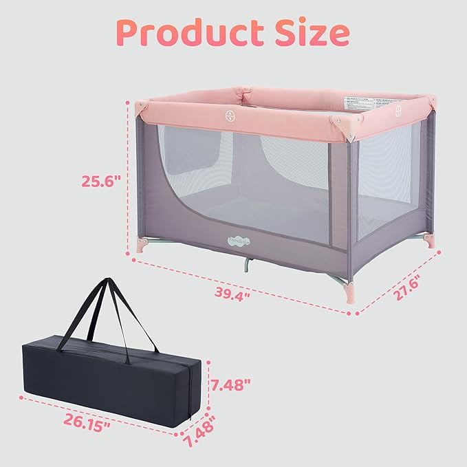 Pamo Babe Compact Pack and Play - Portable Crib for Baby, Lightweight Foldable Travel Playard with Mattress Pad & Carry Bag, Safe Breathable Travel Bed for Home, Trips & Family Visits, Pink