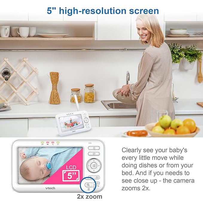 VTech VM5463-2 Baby Monitor 5" Screen with 2 Cameras, Pan-Tilt- Zoom, Night Light, Glow On The Ceiling Projector, Two-Way Talk, Secure Transmission No WiFi