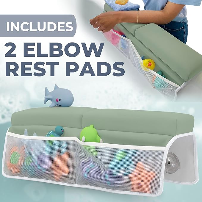 Comfortable Baby Bath Kneeler and Elbow Rest Pad Set – Thick Memory Foam Bath Kneeling Pad with Elbow Support – Baby Bathtub Cushion with Toy Organizer for Bathing Infant or Toddler - Green