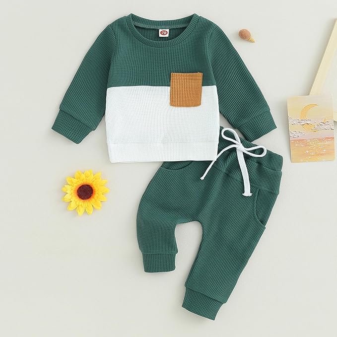 Toddler Baby Boy Fall Outfit Long Sleeve Crew Neck Contrast Color Sweatshirt Top Pant Cute Newborn Infant Waffle Clothes