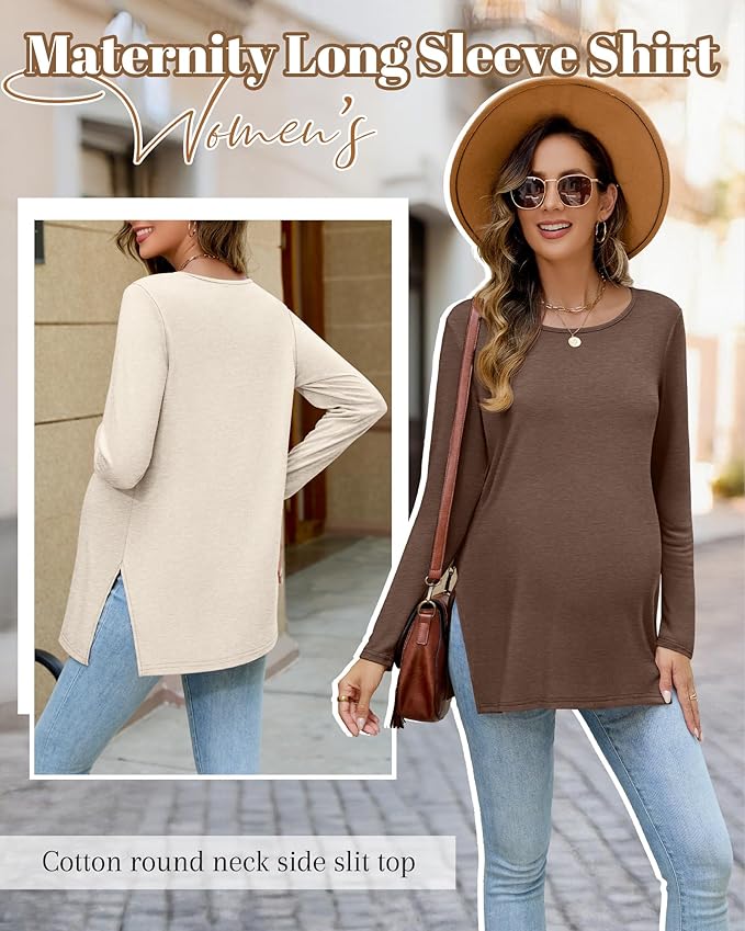 Riyiper 3 Pack Women's Maternity Long Sleeve T-Shirts Round Neck Side Split Tops Loose Casual Pregnancy Mama Clothes Fall