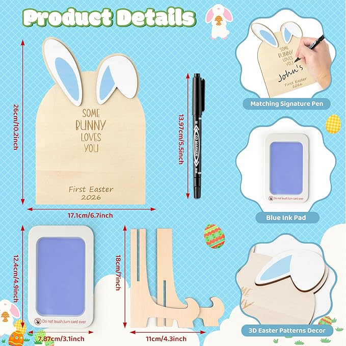 R HORSE DIY Baby's First Easter Footprint or Handprint Art Sign with Ink Pad, 3D Blue Bunny Wooden Milestone with Marker Pen, Baby 1st Easter Keepsake Craft Gift Nursery Photo Prop Baby Shower Baptism