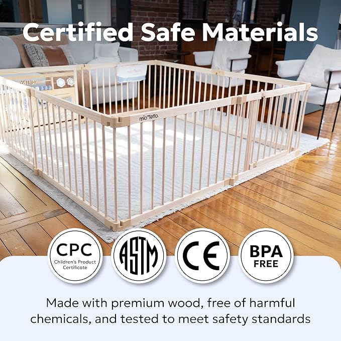 Miotetto Baby Playpen, Wooden Playpen for Babies and Toddlers, Foldable Fence with Montessori Activity Panel, Storage Basket & Gate, Portable, Easy to Assemble Baby Play Pen Natural Wood Playyard