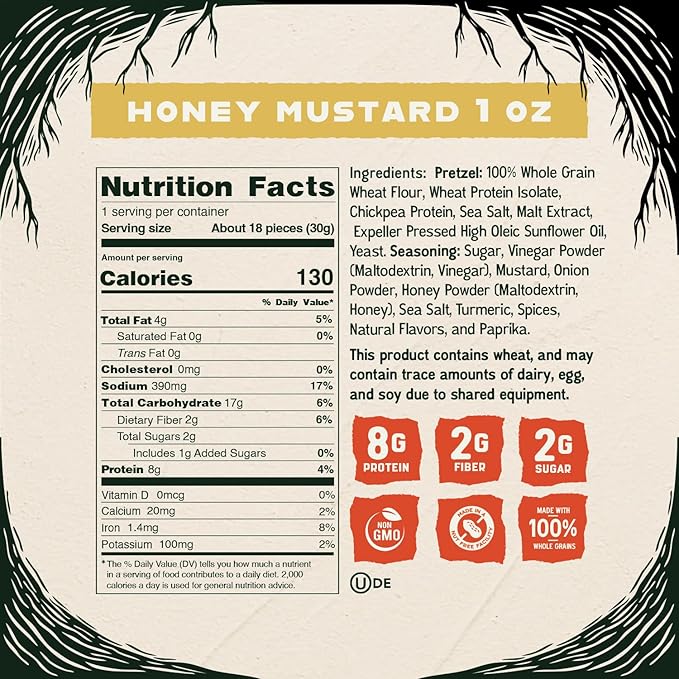 Kindling Protein Pretzels - Honey Mustard | Protein-Packed Snack Size Bags | Kosher | 8-9g Protein Per Serving | Only 1-2g of Total Sugar | No Artificial Flavors, Soy-Free | Lunches, Office Snacks, & On-the-Go | 16-Count (1.06oz Bags)