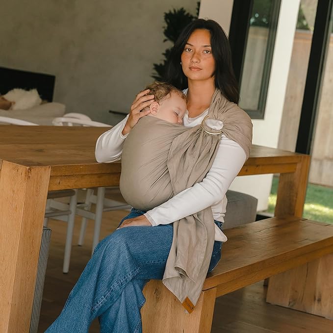 WildBird - Ring Sling Baby Carrier - 0-36 Months (up to 35 lbs) - Long (90") Desert Lark & Black Ring - Front, Hip or Back Carry - Adjustable Fit - Natural Linen - Baby Essentials - New Mom Gifts