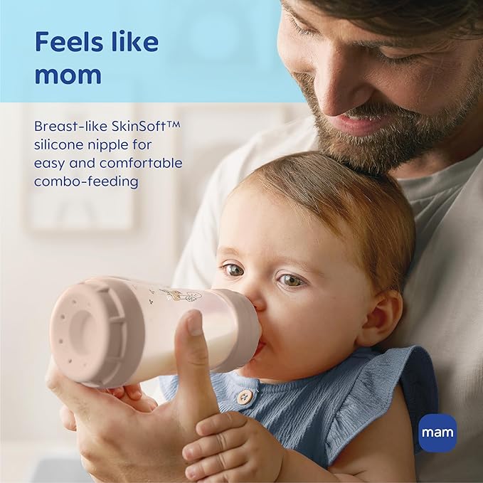 MAM 9oz Easy Start Anti-Colic Wide Neck Baby Bottle, Medium Flow Breastfeeding-Like Nipple, Reduces Colic Gas & Reflux, Easy to Clean, BPA Free, 2+ Months, Made in Europe, Bonus Fast Flow Nipple, 4 Pk