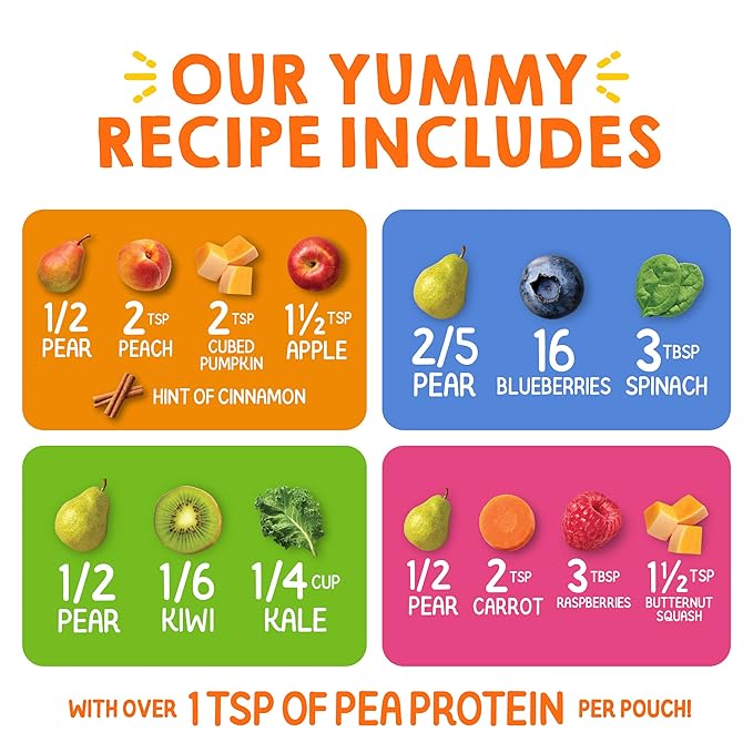 Happy Tot Organics Super Foods Stage 4, Pears, Blueberries & Beets (Pack of 16) & Stage 4 Fiber & Protein 4 Flavor Variety Pack (Pack of 16)